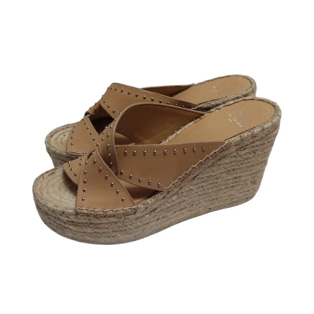 Marc Fisher Angelina Women's Tan Studded‎ Espadrille Wedge Platform Size 7.5